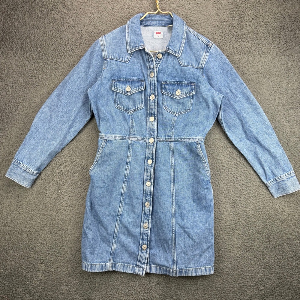 Levis Womens Blue Denim Button Front Western Mini Dress Long Sleeve Size S